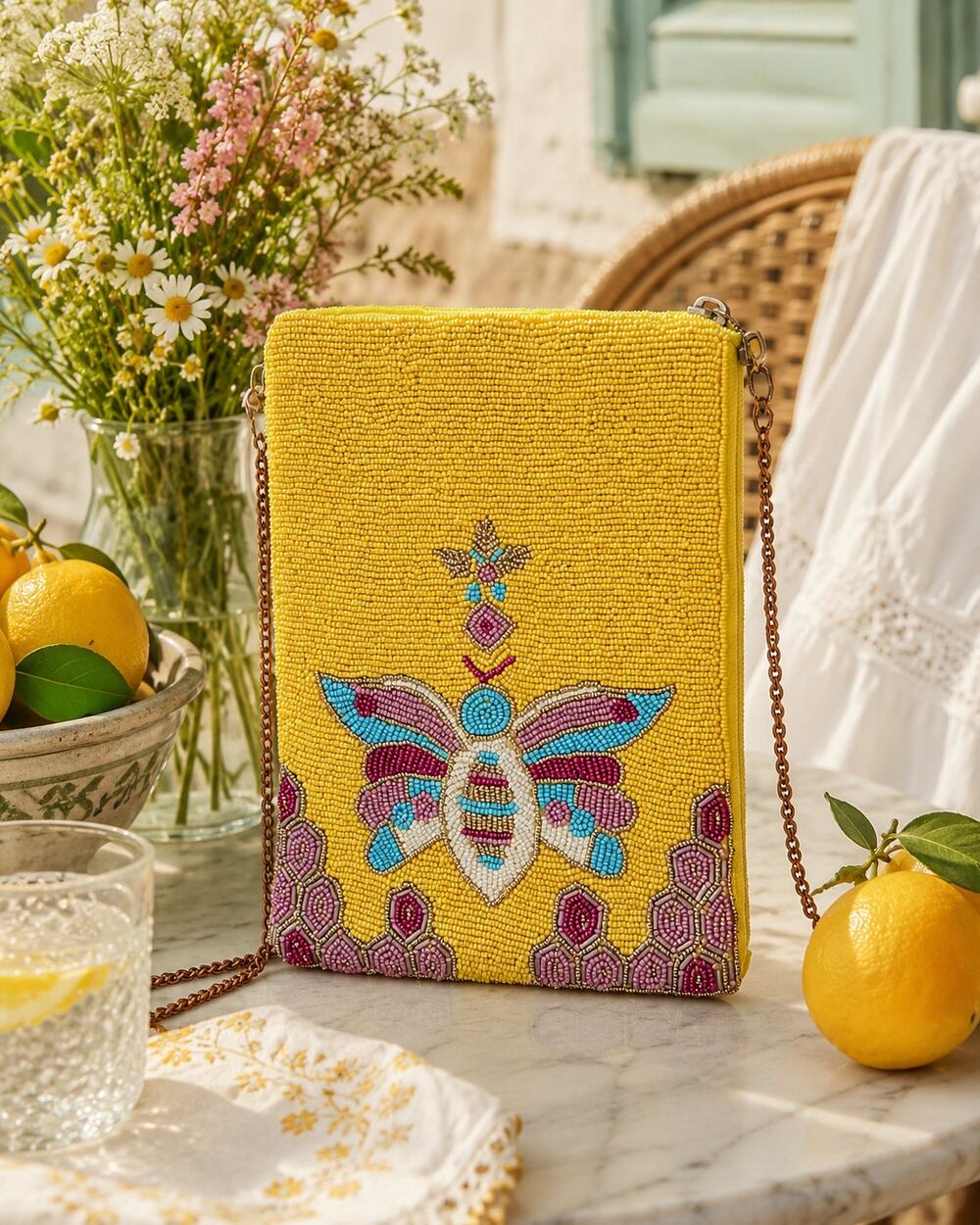 Jane Marie Beaded Bee Crossbody Clutch | Honeycomb Artisan Convertible Bag